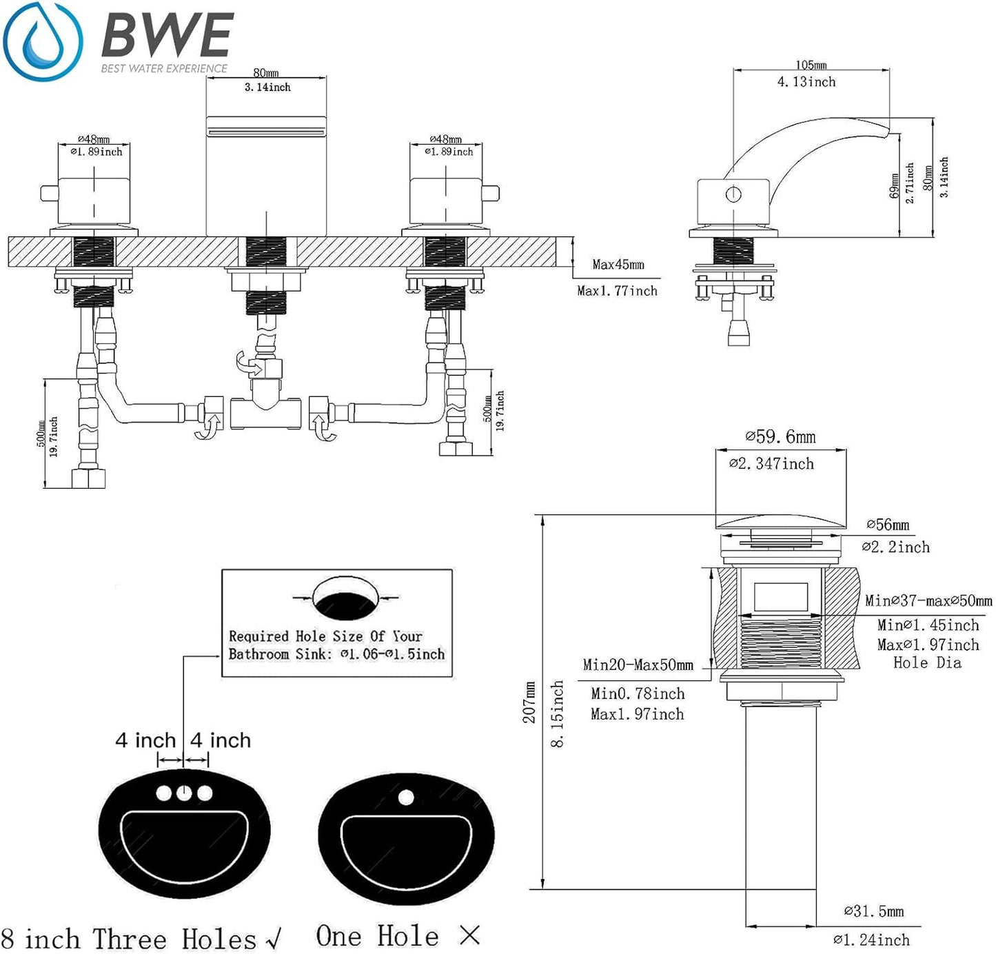 Sleek 8-Inch Widespread Chrome Bathroom Faucet with LED Waterfall, Dual Handles, and Pop-Up Drain Assembly - Perfect for Modern Bathrooms