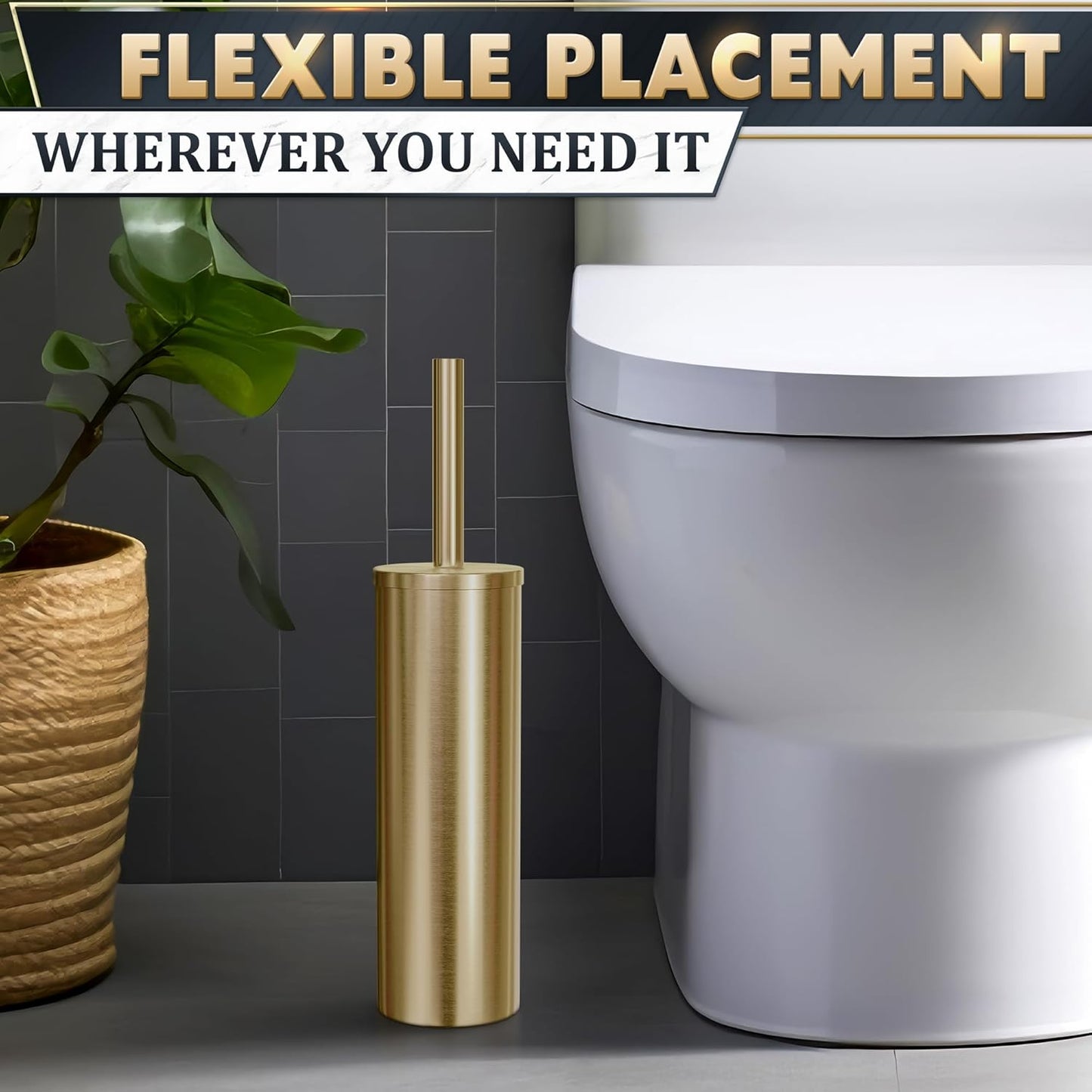 Elevate Your Bathroom with Our Luxurious Gold Toilet Brush and Holder Set - Durable Stainless Steel Design with Replaceable Head and Splash Protection