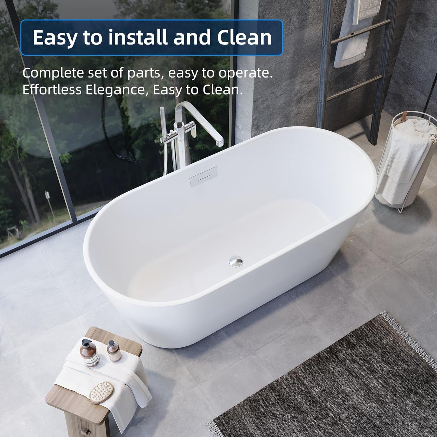 Luxurious 59'' Freestanding Deep Soaking Bathtub - Modern Oval Design with Integrated Overflow Drain, White Acrylic Finish