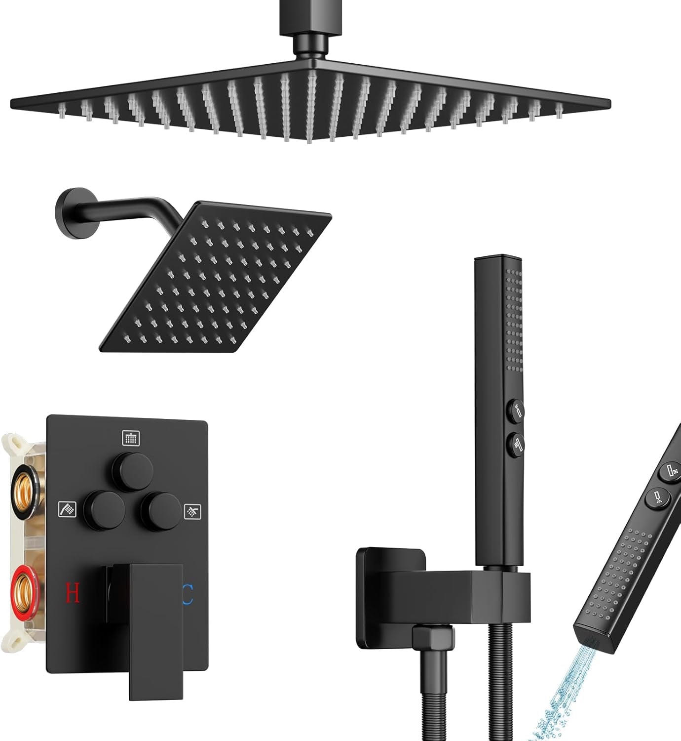 Elevate Your Shower Experience with the Matte Black 10" & 6" Ceiling Mount Shower System - Complete with Handheld Spray and Push Button Diverter
