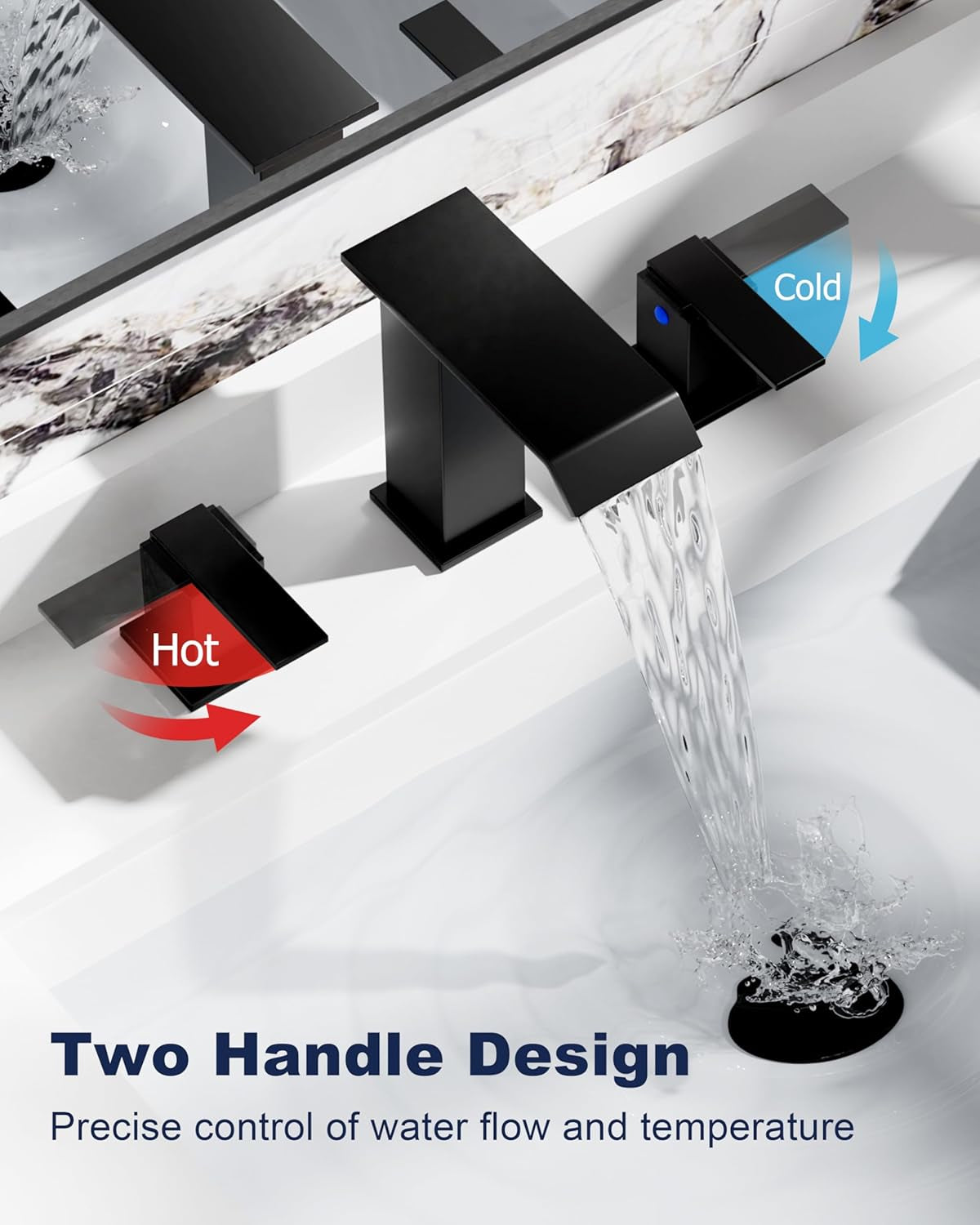 SREEZNX Matte Black Waterfall Bathroom Faucet - Modern 3-Hole Widespread Design with Pop-Up Drain for Stylish Vanities