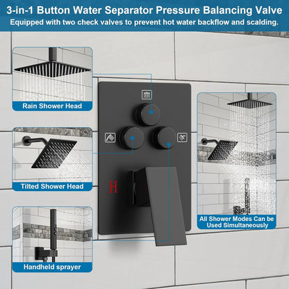 Elevate Your Shower Experience with the Matte Black 10" & 6" Ceiling Mount Shower System - Complete with Handheld Spray and Push Button Diverter