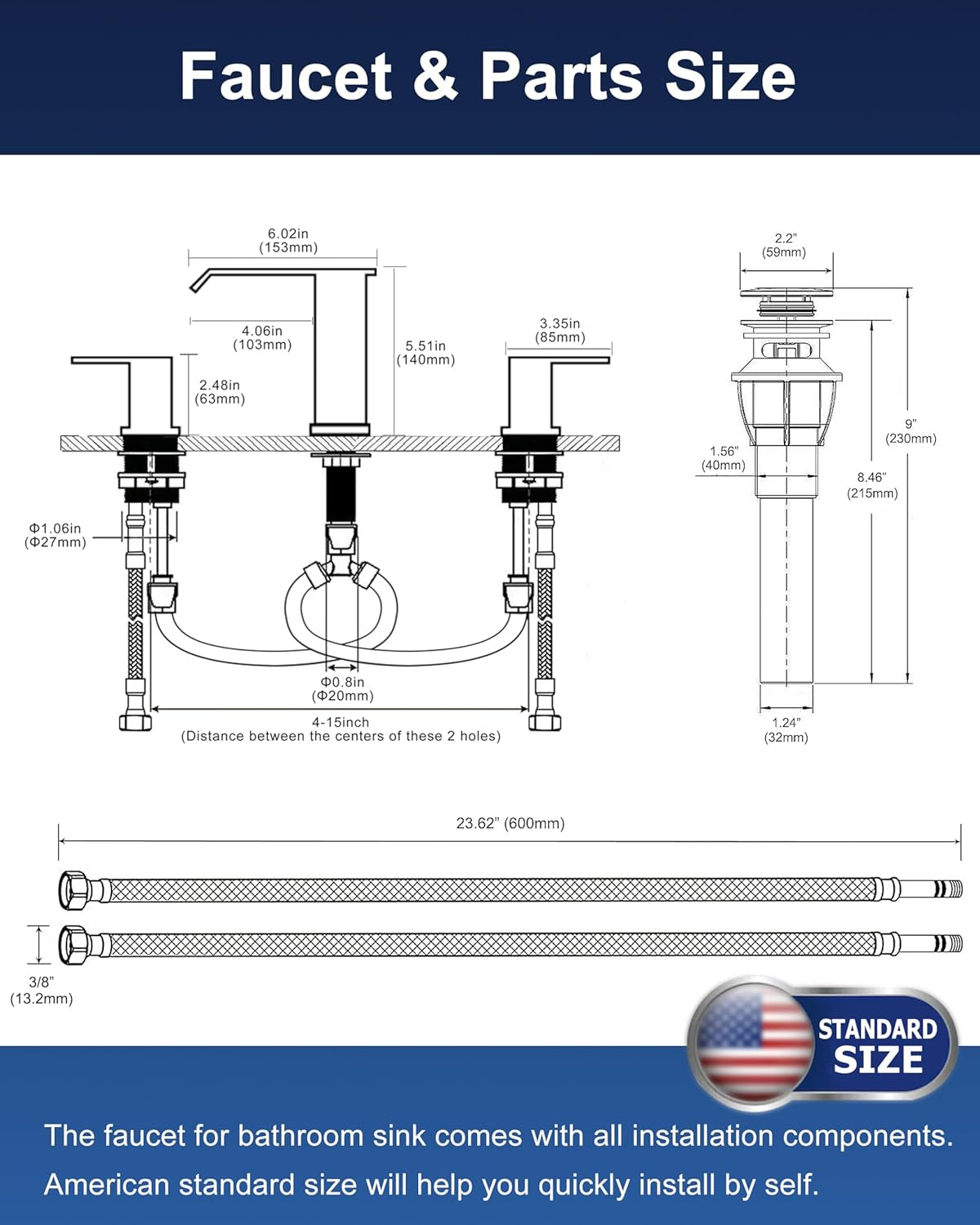 SREEZNX Matte Black Waterfall Bathroom Faucet - Modern 3-Hole Widespread Design with Pop-Up Drain for Stylish Vanities