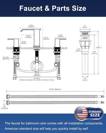 SREEZNX Matte Black Waterfall Bathroom Faucet - Modern 3-Hole Widespread Design with Pop-Up Drain for Stylish Vanities