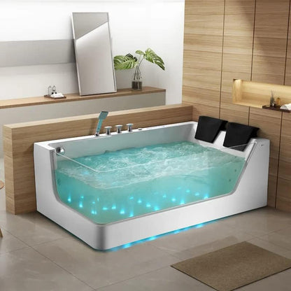 Indulge in Luxury: 71" White Acrylic LED Whirlpool Bathtub with Water Massage for Two - Complete with Tub Filler Faucet