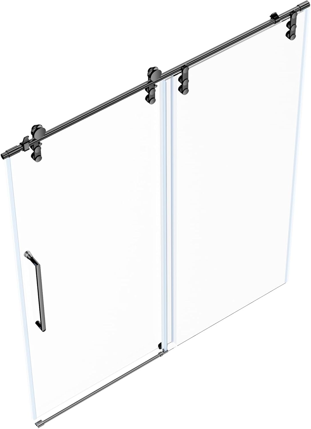 Elevate Your Shower Experience with the Modern 60" W x 76" H Frameless Sliding Shower Door - Sleek Black Design with Durable Tempered Glass and Stainless Steel Hardware