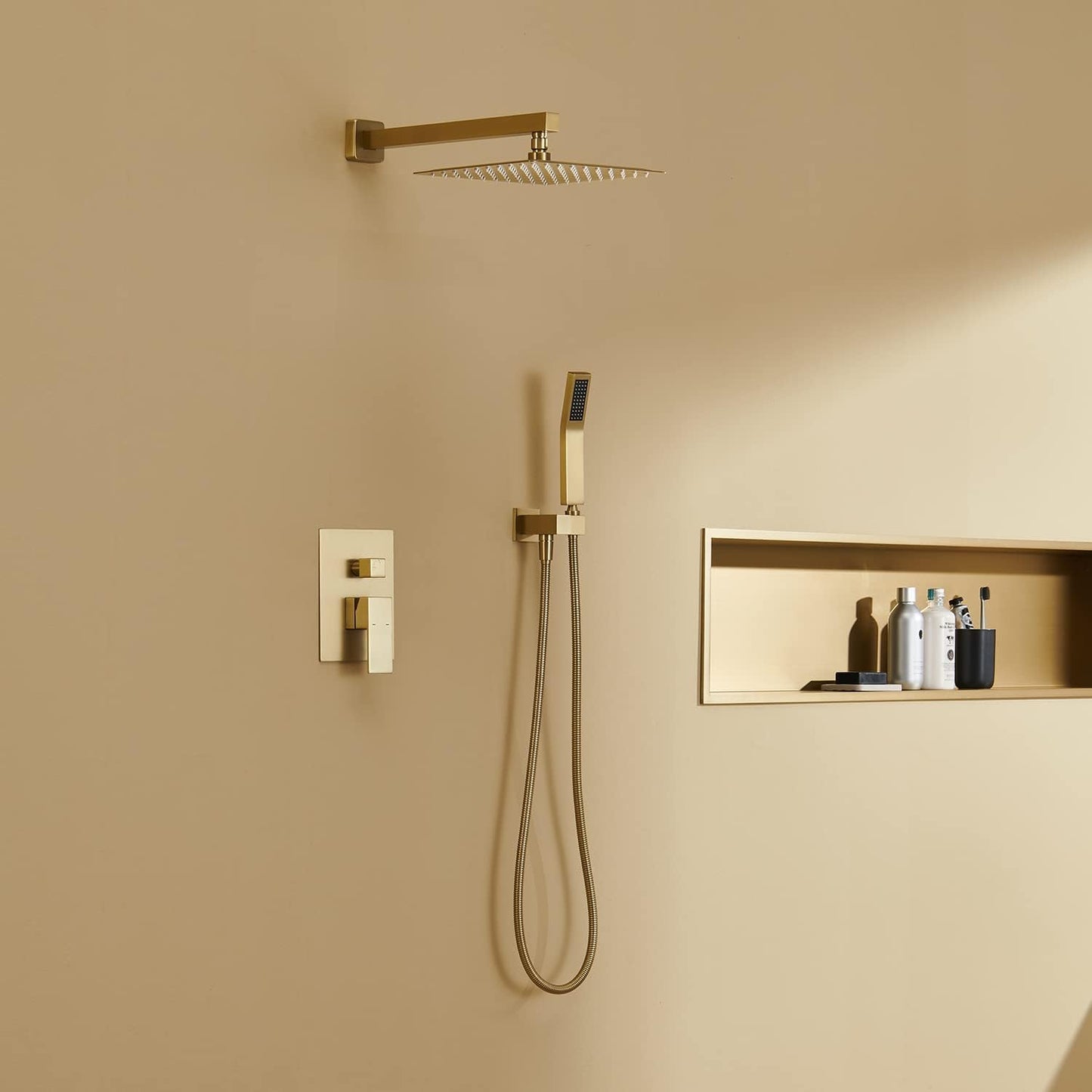 Elevate Your Shower Experience with the 10-Inch Brushed Gold Rain Shower Combo Set - Wall Mounted Bathroom Faucet with Hand Shower