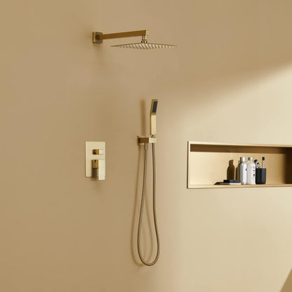 Elevate Your Shower Experience with the 10-Inch Brushed Gold Rain Shower Combo Set - Wall Mounted Bathroom Faucet with Hand Shower