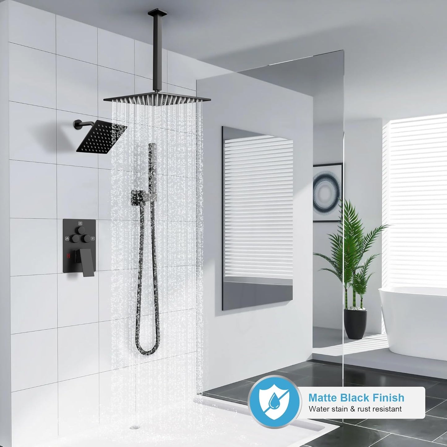 Elevate Your Shower Experience with the Matte Black 10" & 6" Ceiling Mount Shower System - Complete with Handheld Spray and Push Button Diverter
