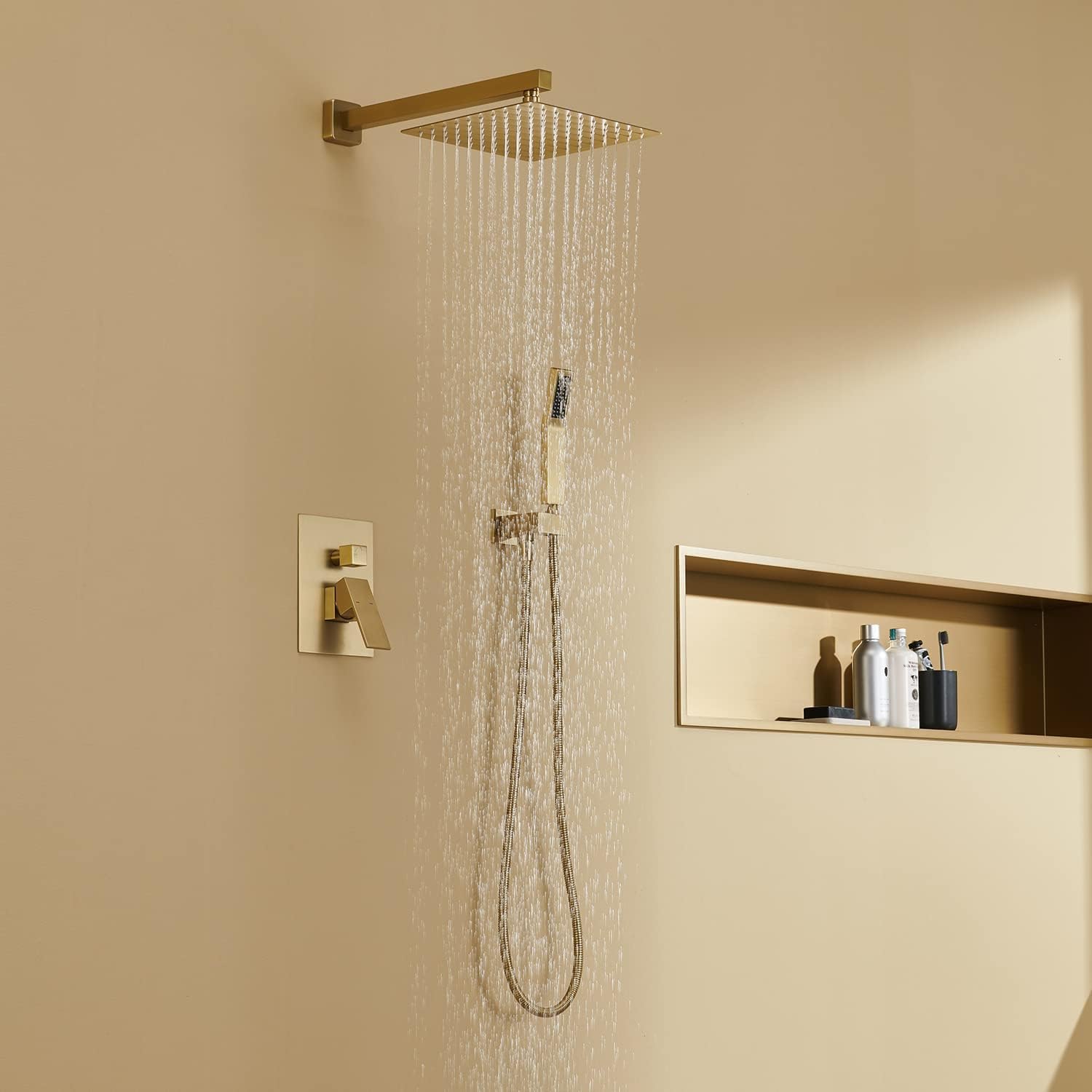 Elevate Your Shower Experience with the 10-Inch Brushed Gold Rain Shower Combo Set - Wall Mounted Bathroom Faucet with Hand Shower