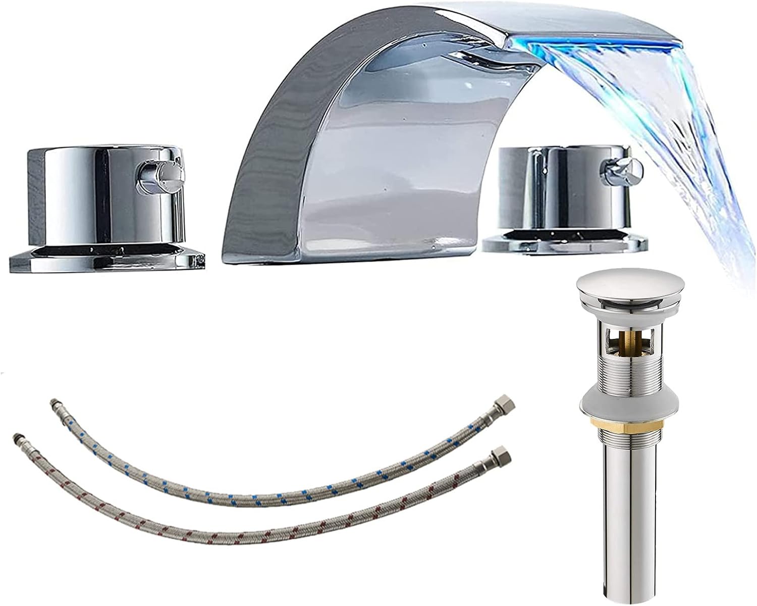 Sleek 8-Inch Widespread Chrome Bathroom Faucet with LED Waterfall, Dual Handles, and Pop-Up Drain Assembly - Perfect for Modern Bathrooms