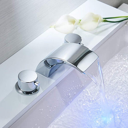 Sleek 8-Inch Widespread Chrome Bathroom Faucet with LED Waterfall, Dual Handles, and Pop-Up Drain Assembly - Perfect for Modern Bathrooms