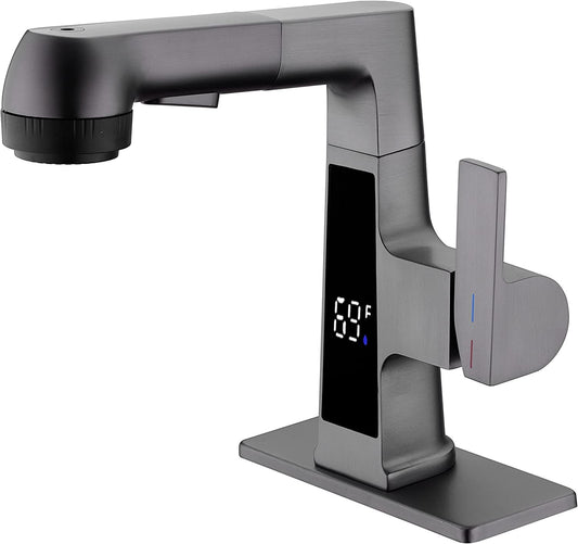 Transform Your Bathroom with the Modern LED Bathroom Faucet - Pull Out Sprayer & Temperature Display for Ultimate Convenience