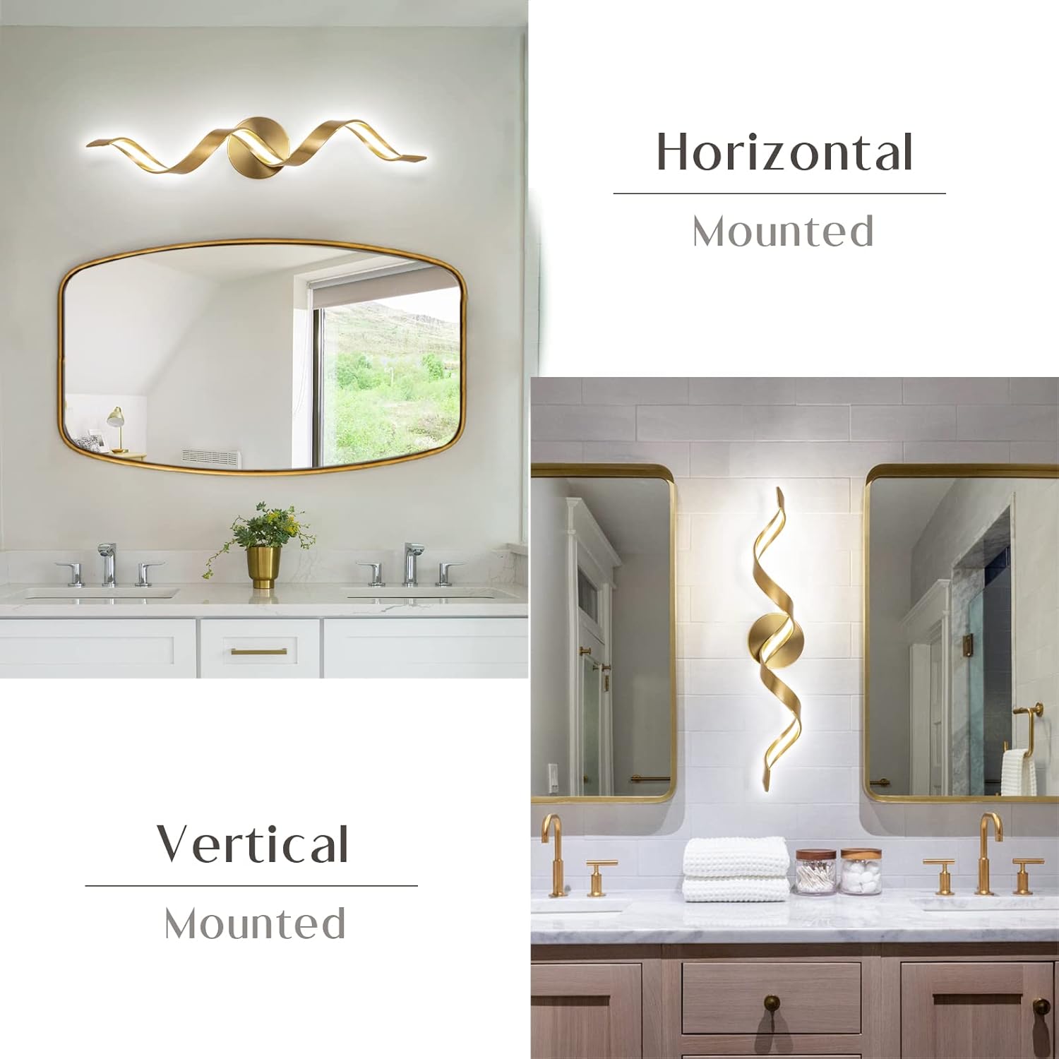 Elevate Your Space with Dimmable Gold LED Bathroom Vanity Lights - 24 Inch Spiral Design for Modern Elegance