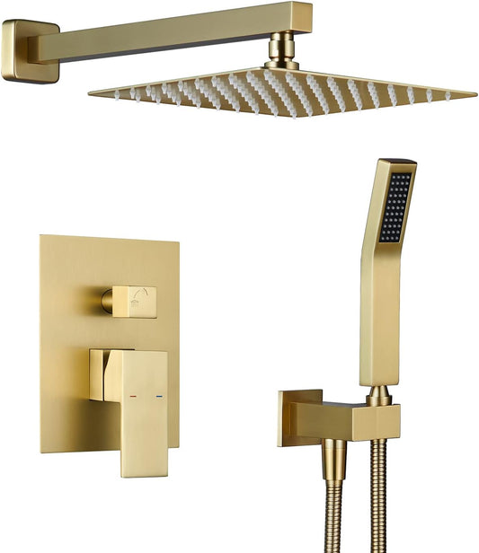 Elevate Your Shower Experience with the 10-Inch Brushed Gold Rain Shower Combo Set - Wall Mounted Bathroom Faucet with Hand Shower