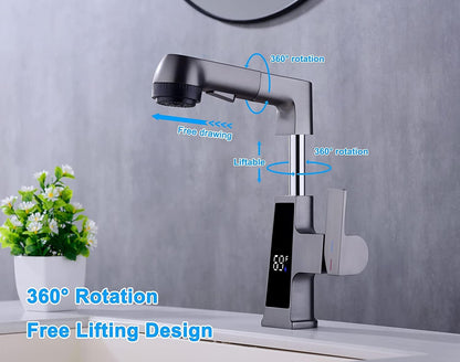 Transform Your Bathroom with the Modern LED Bathroom Faucet - Pull Out Sprayer & Temperature Display for Ultimate Convenience