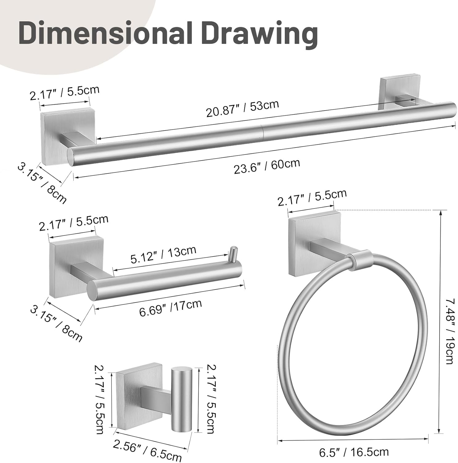 Elevate Your Bathroom with Our 5-Piece Brushed Nickel Towel Bar Set – Complete with Towel Bar, Ring Holder, Toilet Paper Holder, and Hooks!