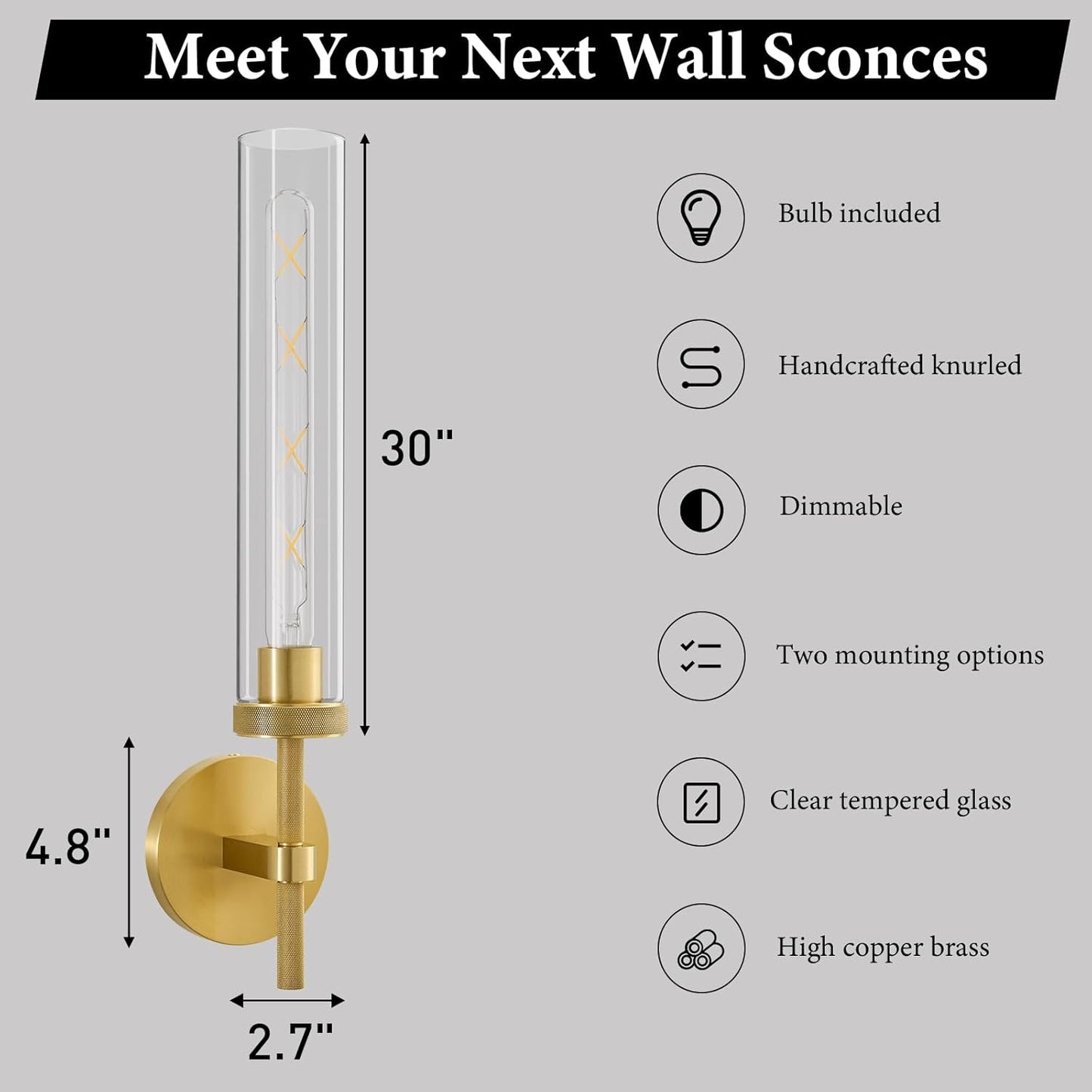 Elevate Your Space with the Brass Knurled Tube Wall Sconce - Set of 2 Luxury Modern Glass Lighting Fixtures for Stylish Indoor Illumination - Perfect for Bathrooms, Bedrooms, Living Rooms, and Hallways