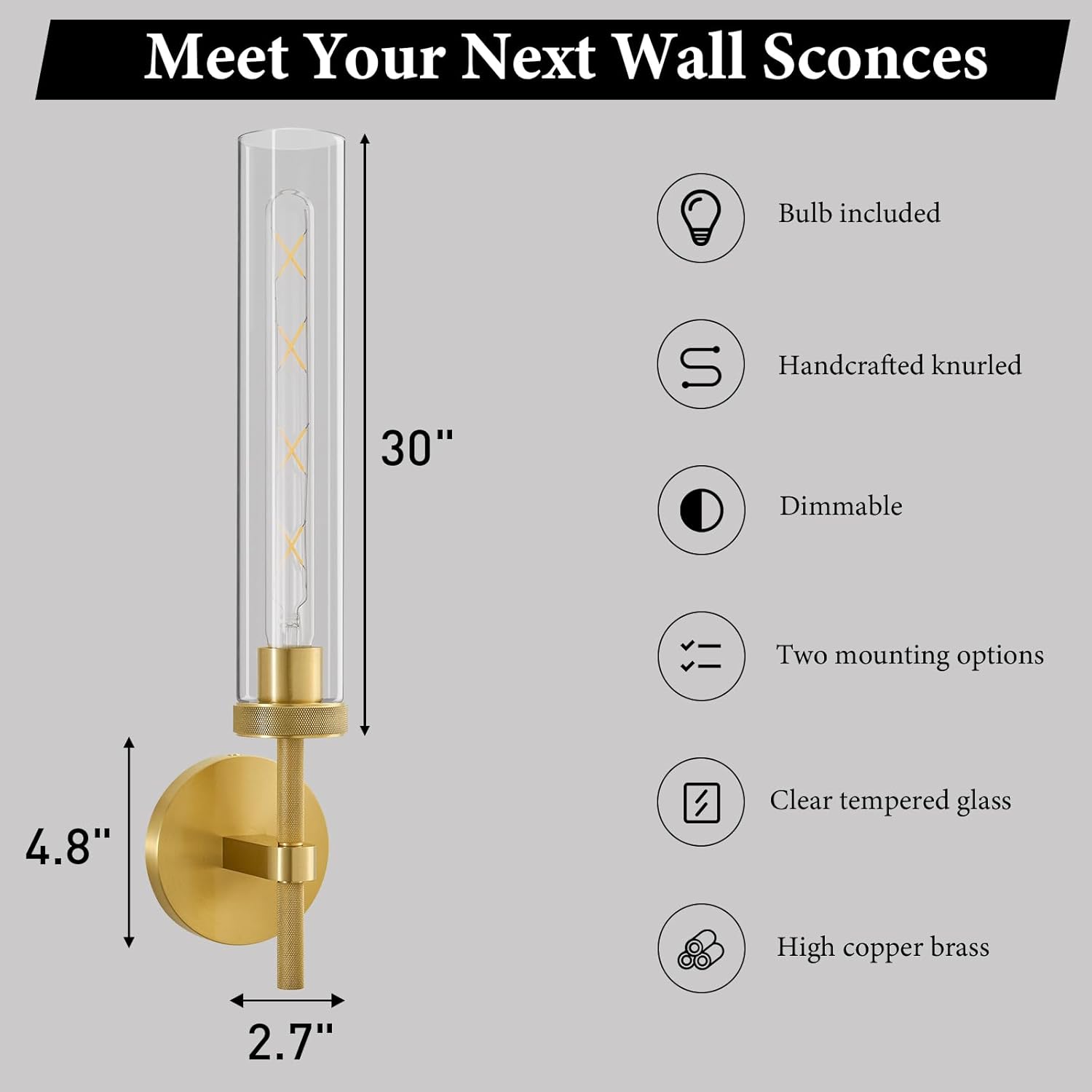 Elevate Your Space with the Brass Knurled Tube Wall Sconce - Set of 2 Luxury Modern Glass Lighting Fixtures for Stylish Indoor Illumination - Perfect for Bathrooms, Bedrooms, Living Rooms, and Hallways