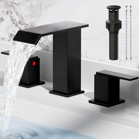 SREEZNX Matte Black Waterfall Bathroom Faucet - Modern 3-Hole Widespread Design with Pop-Up Drain for Stylish Vanities
