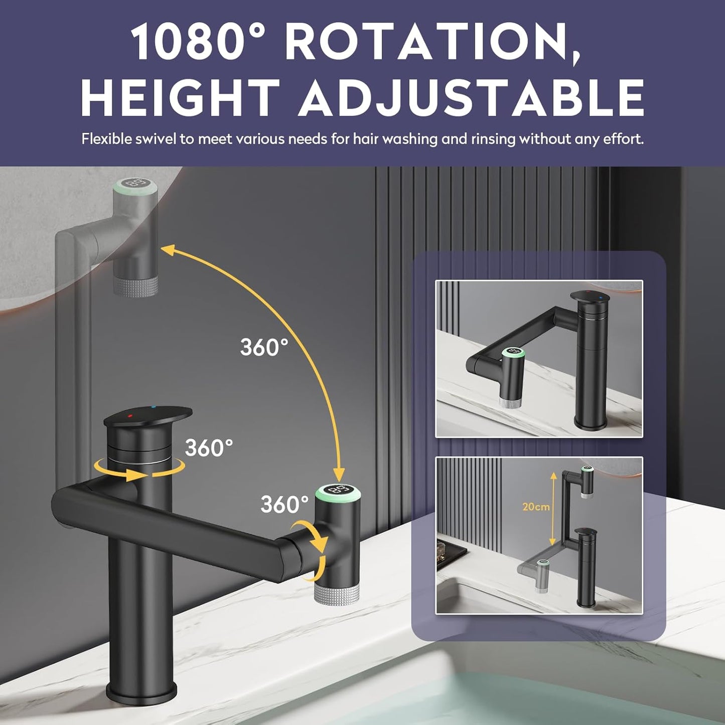 Transform Your Bathroom with the 1080° Rotatable Single Hole Faucet Featuring Real-Time Temperature Display and Adjustable Height - Sleek Black LED Basin Faucet for Ultimate Convenience