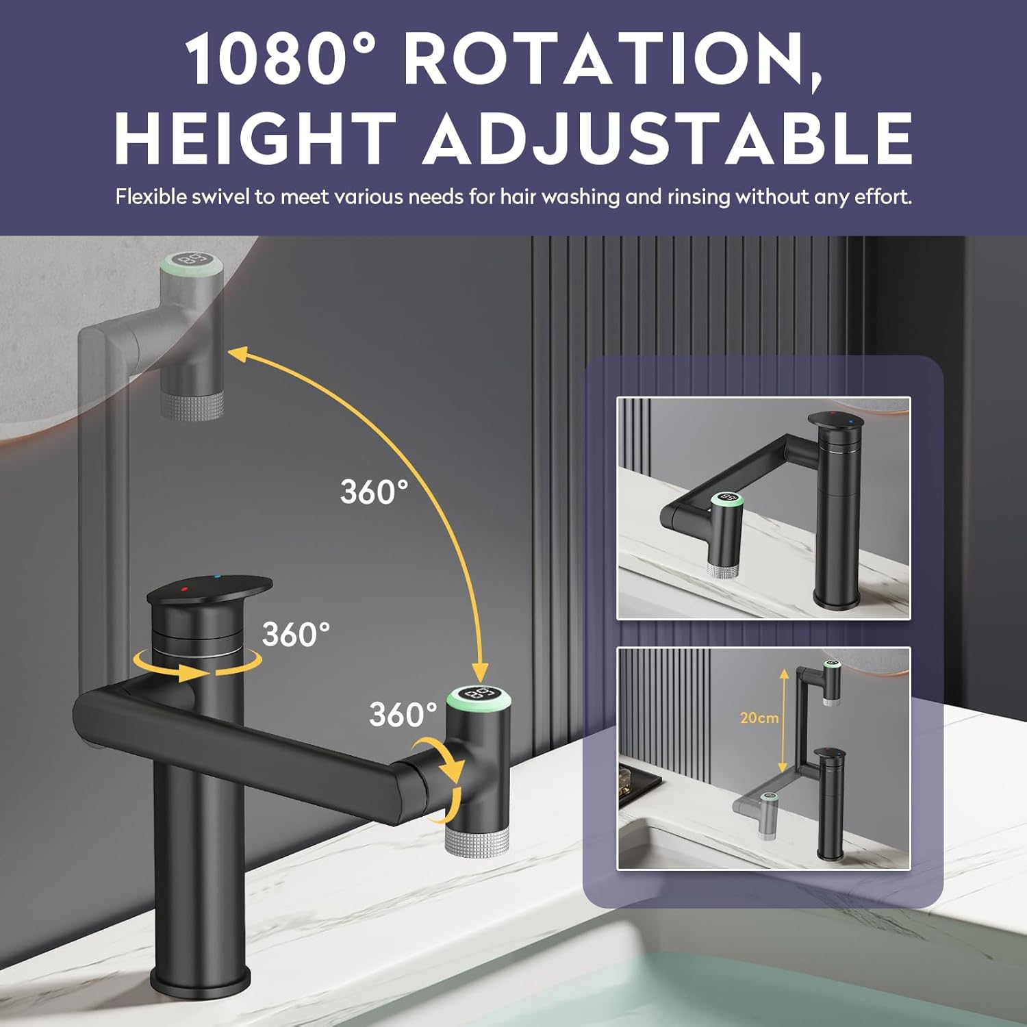 Transform Your Bathroom with the 1080° Rotatable Single Hole Faucet Featuring Real-Time Temperature Display and Adjustable Height - Sleek Black LED Basin Faucet for Ultimate Convenience