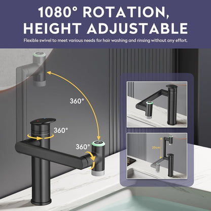 Transform Your Bathroom with the 1080° Rotatable Single Hole Faucet Featuring Real-Time Temperature Display and Adjustable Height - Sleek Black LED Basin Faucet for Ultimate Convenience