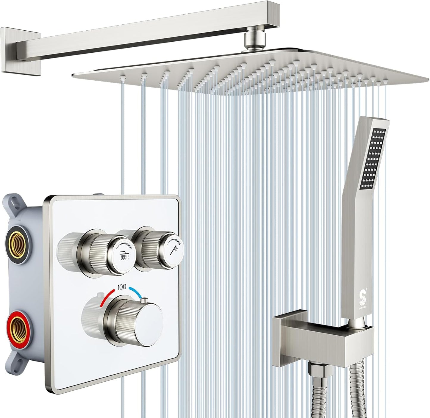 Indulge in Luxury with the 100℉ Thermostatic Shower System - 12" Brushed Nickel Rainfall Shower Head & Handheld Faucet Set with Shower Valve & Trim Kit