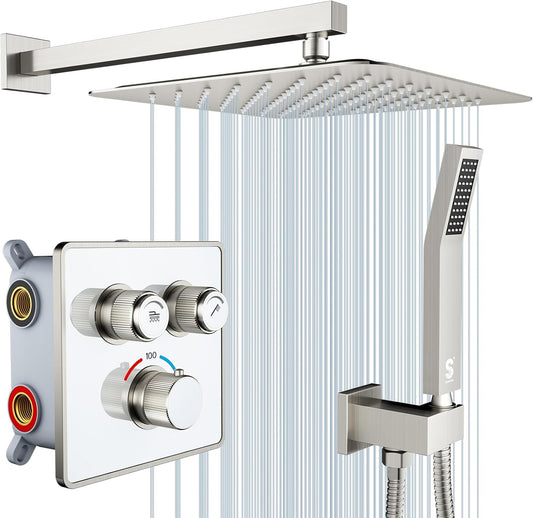 Indulge in Luxury with the 100℉ Thermostatic Shower System - 12" Brushed Nickel Rainfall Shower Head & Handheld Faucet Set with Shower Valve & Trim Kit