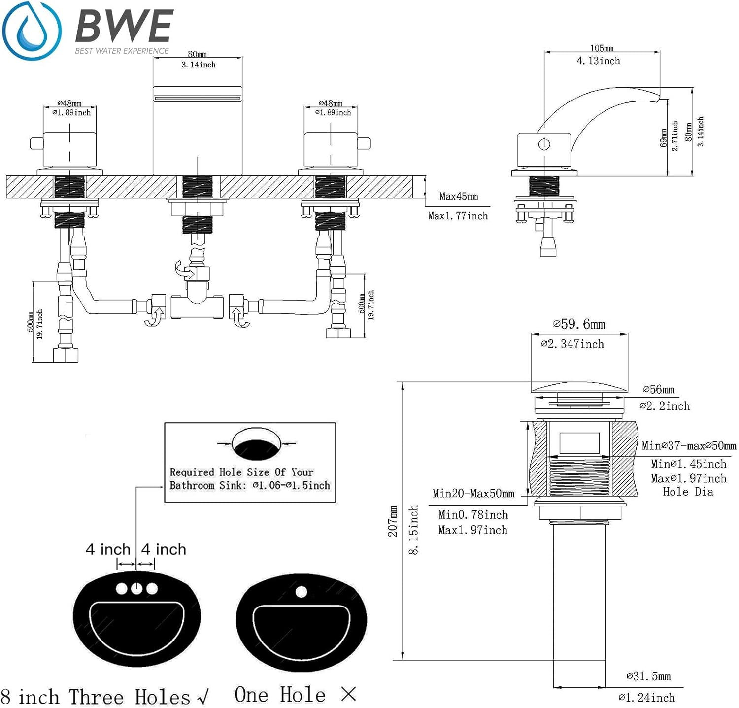 Sleek 8-Inch Widespread Chrome Bathroom Faucet with LED Waterfall, Dual Handles, and Pop-Up Drain Assembly - Perfect for Modern Bathrooms