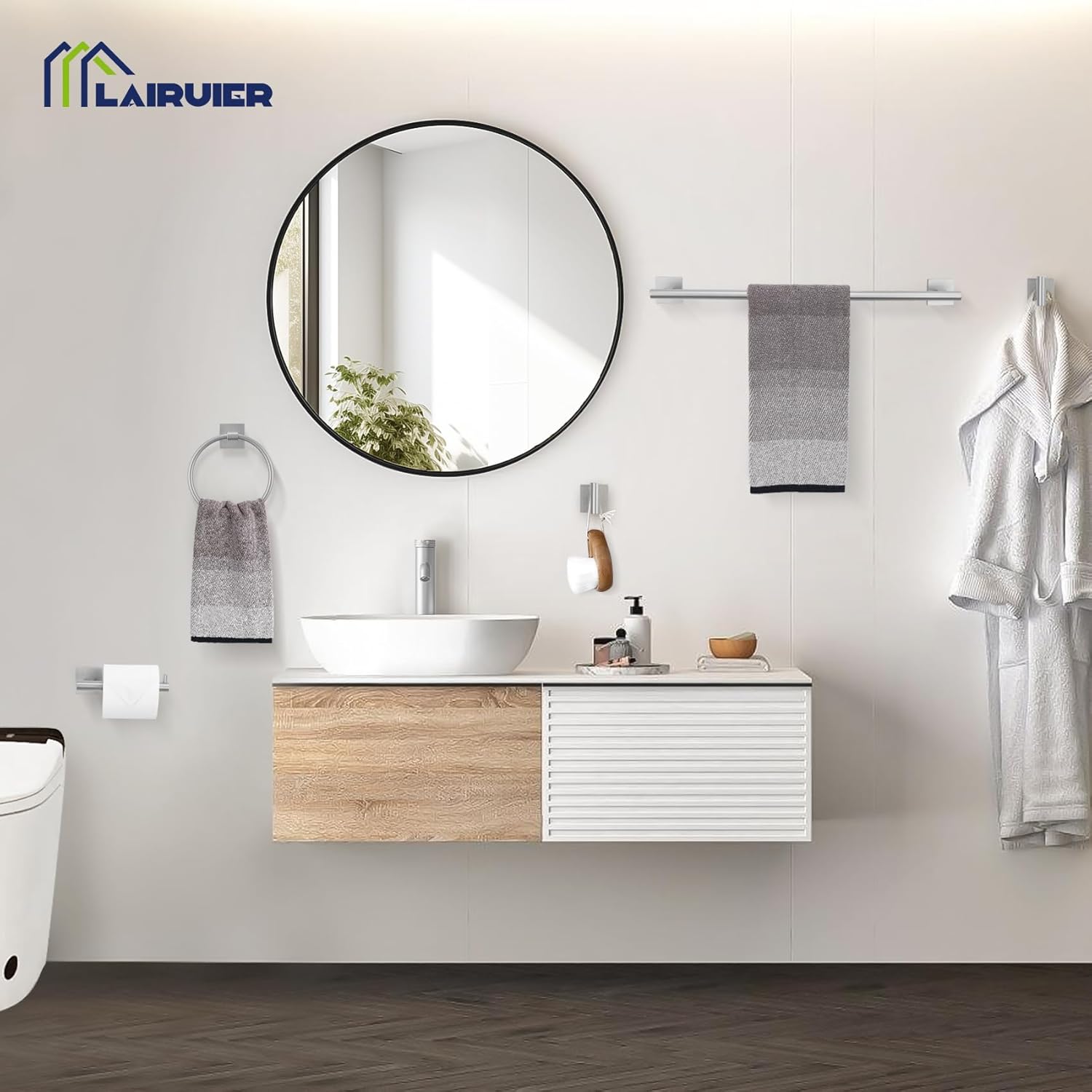 Elevate Your Bathroom with Our 5-Piece Brushed Nickel Towel Bar Set – Complete with Towel Bar, Ring Holder, Toilet Paper Holder, and Hooks!