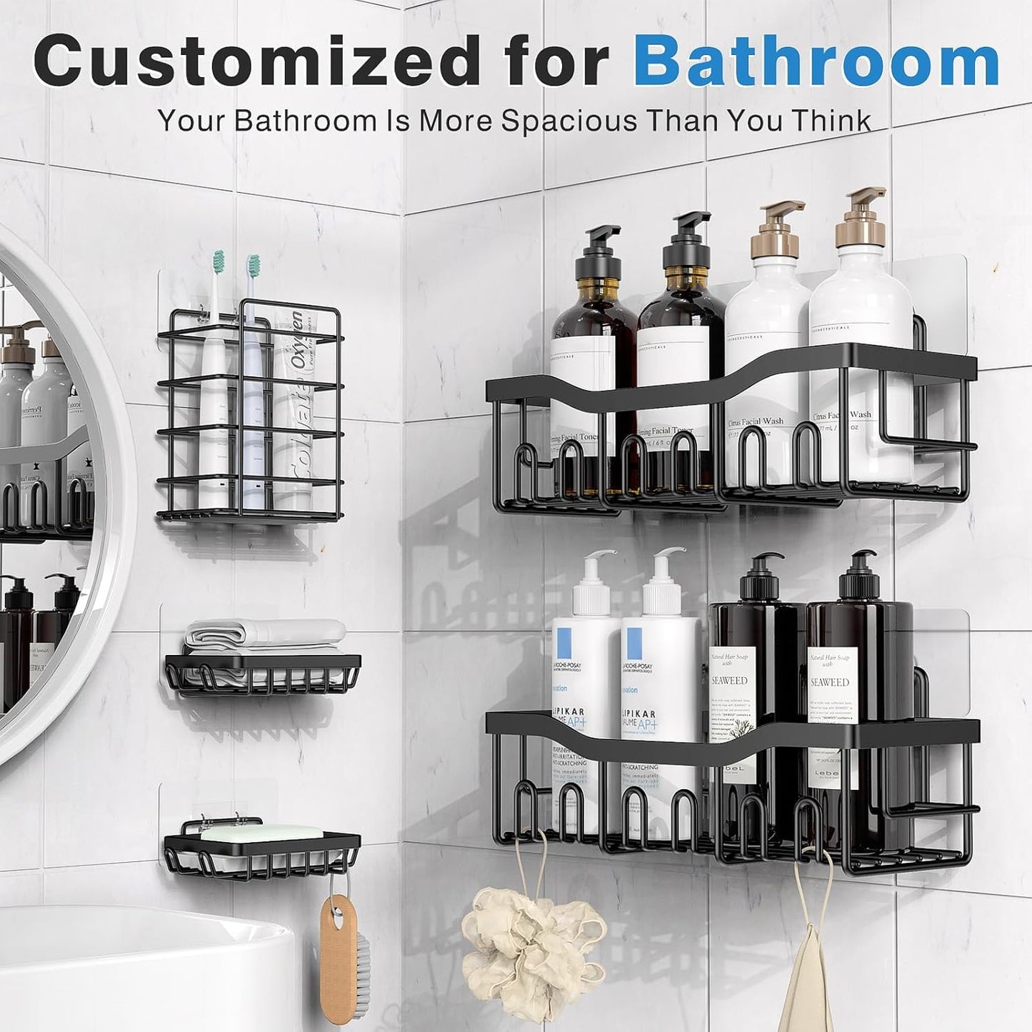 Transform Your Bathroom with Our 5-Pack Adhesive Shower Caddy Set - Rustproof Stainless Steel Organizers for Effortless Storage and Style!