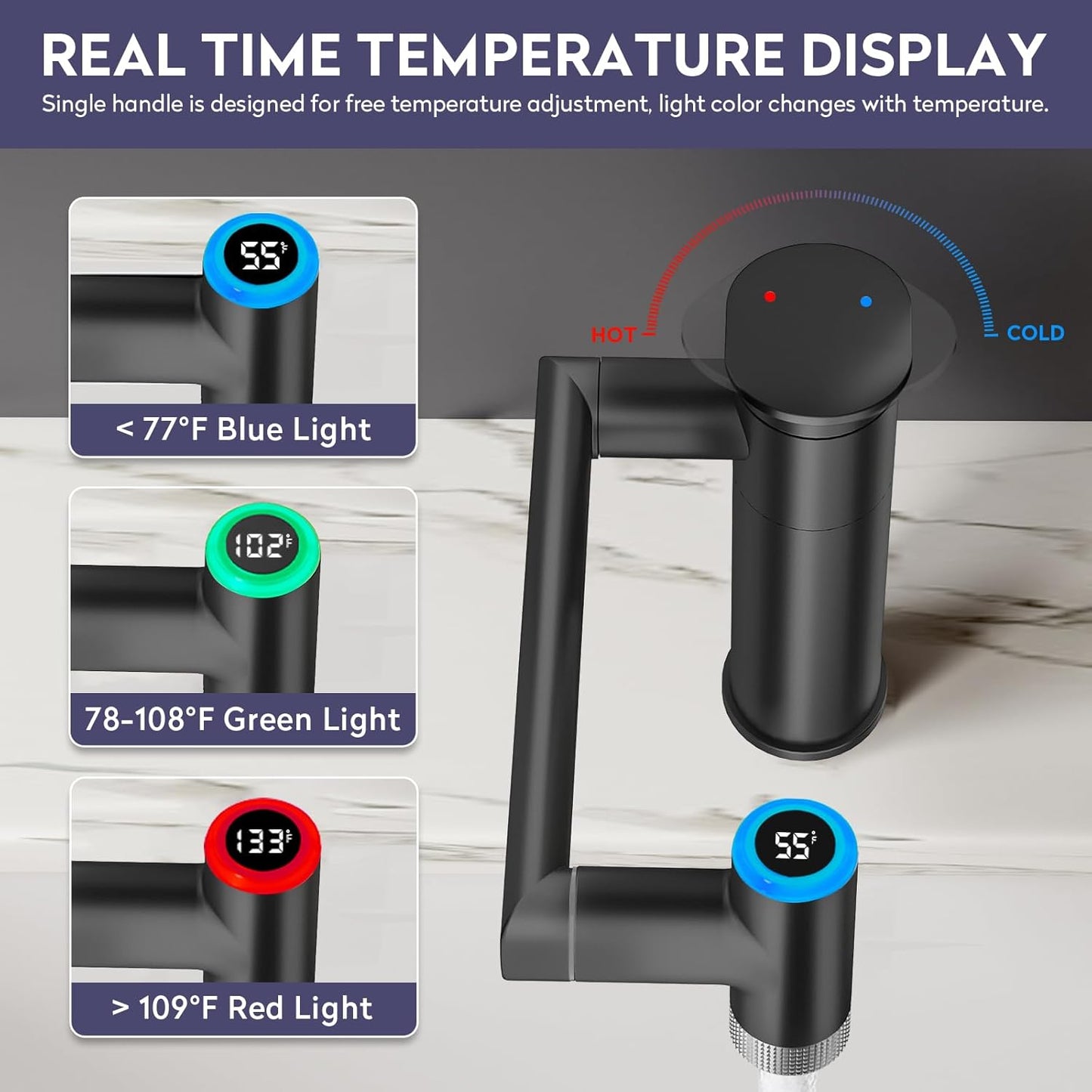 Transform Your Bathroom with the 1080° Rotatable Single Hole Faucet Featuring Real-Time Temperature Display and Adjustable Height - Sleek Black LED Basin Faucet for Ultimate Convenience