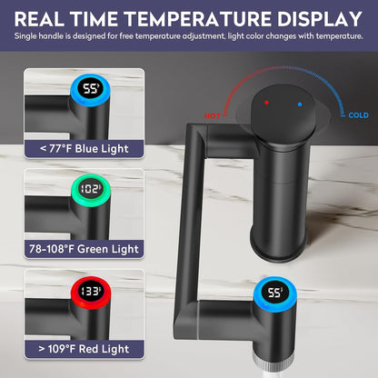 Transform Your Bathroom with the 1080° Rotatable Single Hole Faucet Featuring Real-Time Temperature Display and Adjustable Height - Sleek Black LED Basin Faucet for Ultimate Convenience