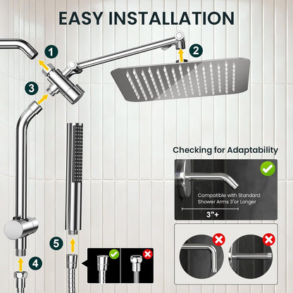 Indulge in Luxury with Our 10" All Metal Rain Shower Head & Handheld Combo – High Pressure, Adjustable Height, Chrome Finish for a Spa-like Experience at Home