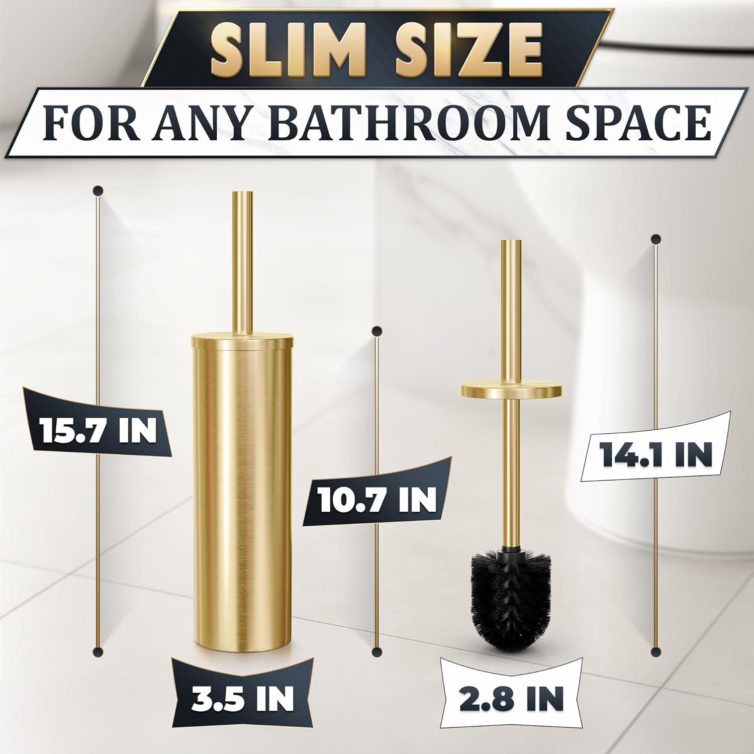 Elevate Your Bathroom with Our Luxurious Gold Toilet Brush and Holder Set - Durable Stainless Steel Design with Replaceable Head and Splash Protection