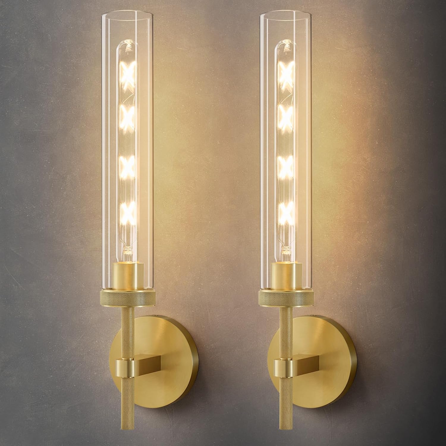 Elevate Your Space with the Brass Knurled Tube Wall Sconce - Set of 2 Luxury Modern Glass Lighting Fixtures for Stylish Indoor Illumination - Perfect for Bathrooms, Bedrooms, Living Rooms, and Hallways