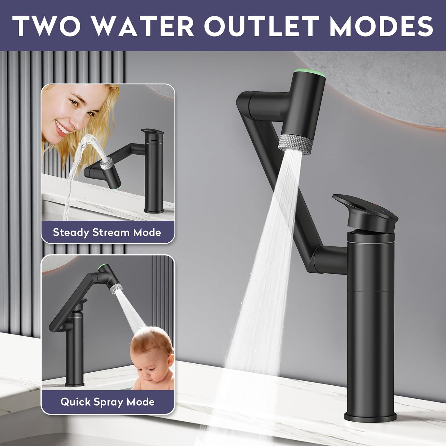 Transform Your Bathroom with the 1080° Rotatable Single Hole Faucet Featuring Real-Time Temperature Display and Adjustable Height - Sleek Black LED Basin Faucet for Ultimate Convenience