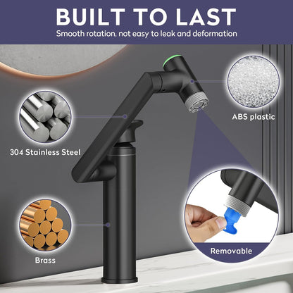 Transform Your Bathroom with the 1080° Rotatable Single Hole Faucet Featuring Real-Time Temperature Display and Adjustable Height - Sleek Black LED Basin Faucet for Ultimate Convenience