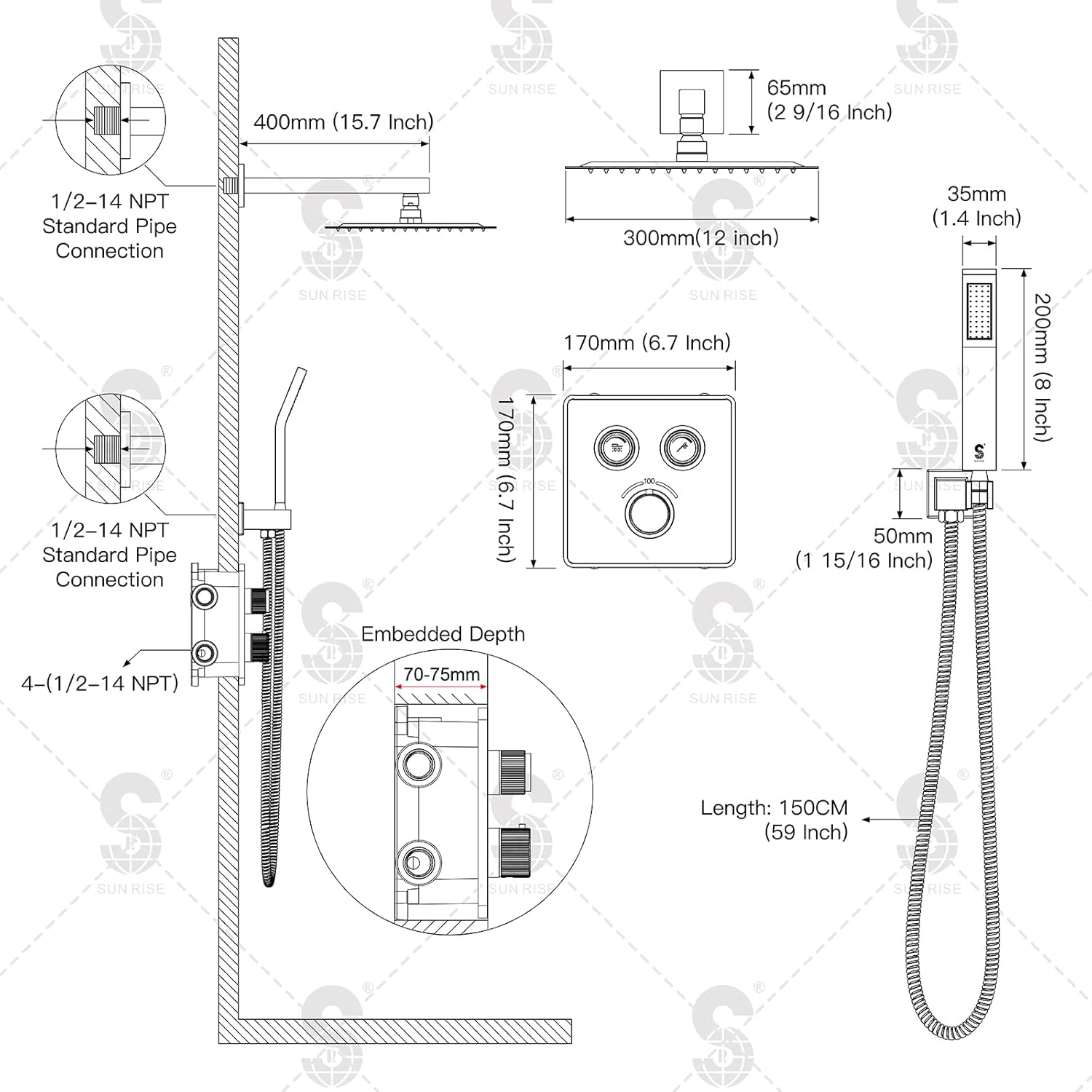 Indulge in Luxury with the 100℉ Thermostatic Shower System - 12" Brushed Nickel Rainfall Shower Head & Handheld Faucet Set with Shower Valve & Trim Kit