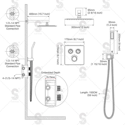 Indulge in Luxury with the 100℉ Thermostatic Shower System - 12" Brushed Nickel Rainfall Shower Head & Handheld Faucet Set with Shower Valve & Trim Kit