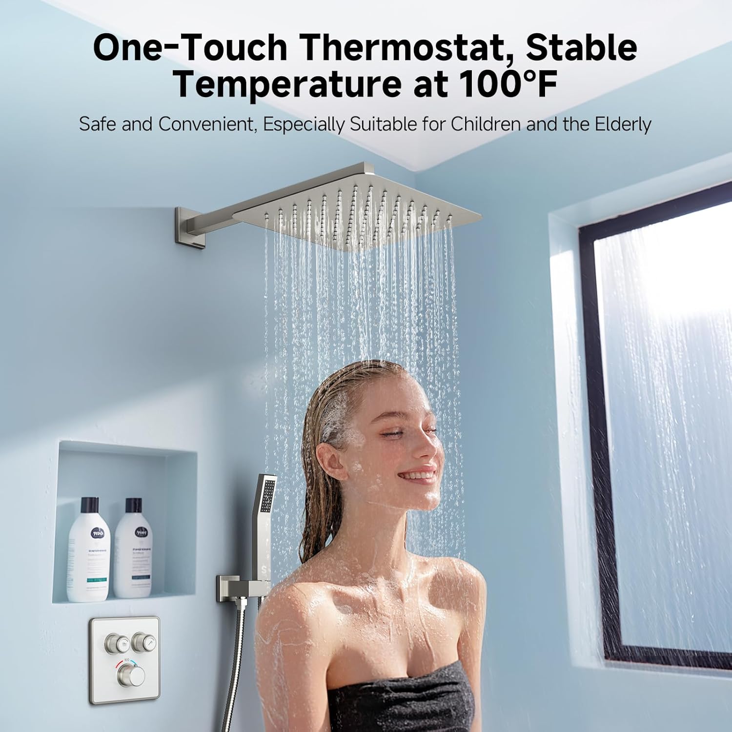 Indulge in Luxury with the 100℉ Thermostatic Shower System - 12" Brushed Nickel Rainfall Shower Head & Handheld Faucet Set with Shower Valve & Trim Kit