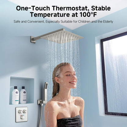 Indulge in Luxury with the 100℉ Thermostatic Shower System - 12" Brushed Nickel Rainfall Shower Head & Handheld Faucet Set with Shower Valve & Trim Kit
