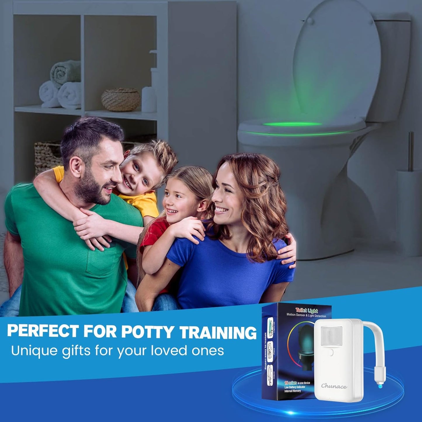 Transform Your Bathroom Experience with the 2 Pack Motion Activated Toilet Night Lights - 16 Color Changing LED for Fun and Safety!