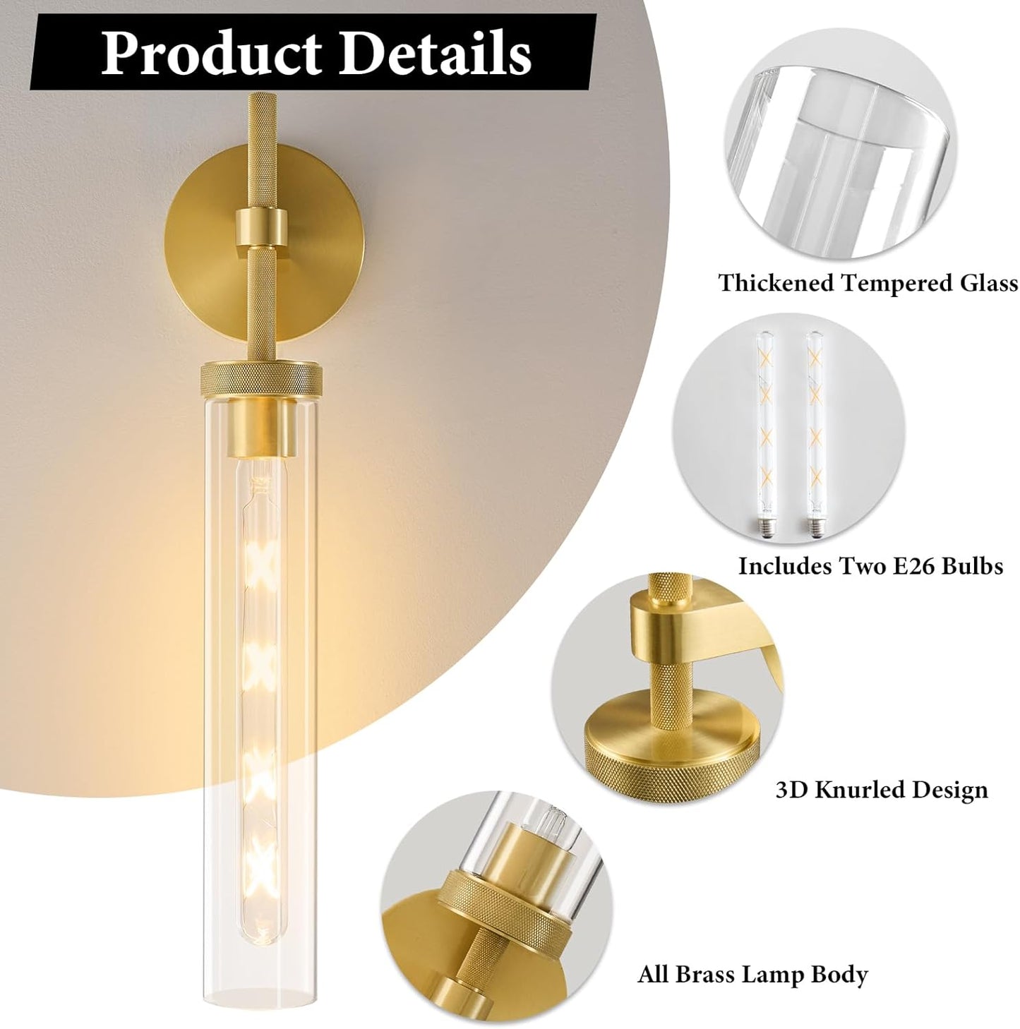Elevate Your Space with the Brass Knurled Tube Wall Sconce - Set of 2 Luxury Modern Glass Lighting Fixtures for Stylish Indoor Illumination - Perfect for Bathrooms, Bedrooms, Living Rooms, and Hallways
