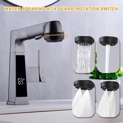 Transform Your Bathroom with the Modern LED Bathroom Faucet - Pull Out Sprayer & Temperature Display for Ultimate Convenience