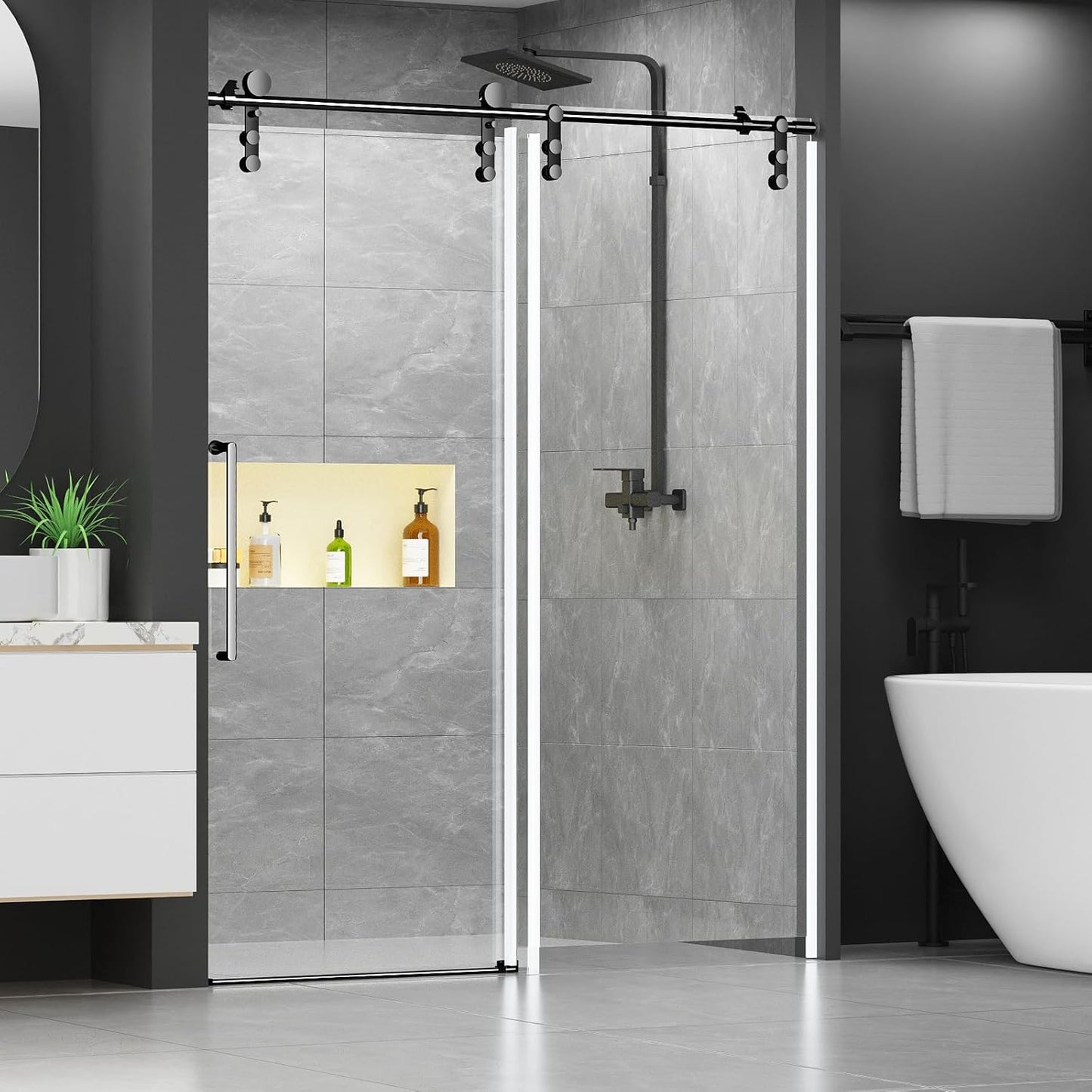 Elevate Your Shower Experience with the Modern 60" W x 76" H Frameless Sliding Shower Door - Sleek Black Design with Durable Tempered Glass and Stainless Steel Hardware
