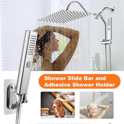 Transform Your Shower Experience with the 12" Rain Shower Head and Handheld Spray Combo - High Pressure Rectangular Showerheads with Adjustable Extension Arm and Slide Bar in Polished Chrome