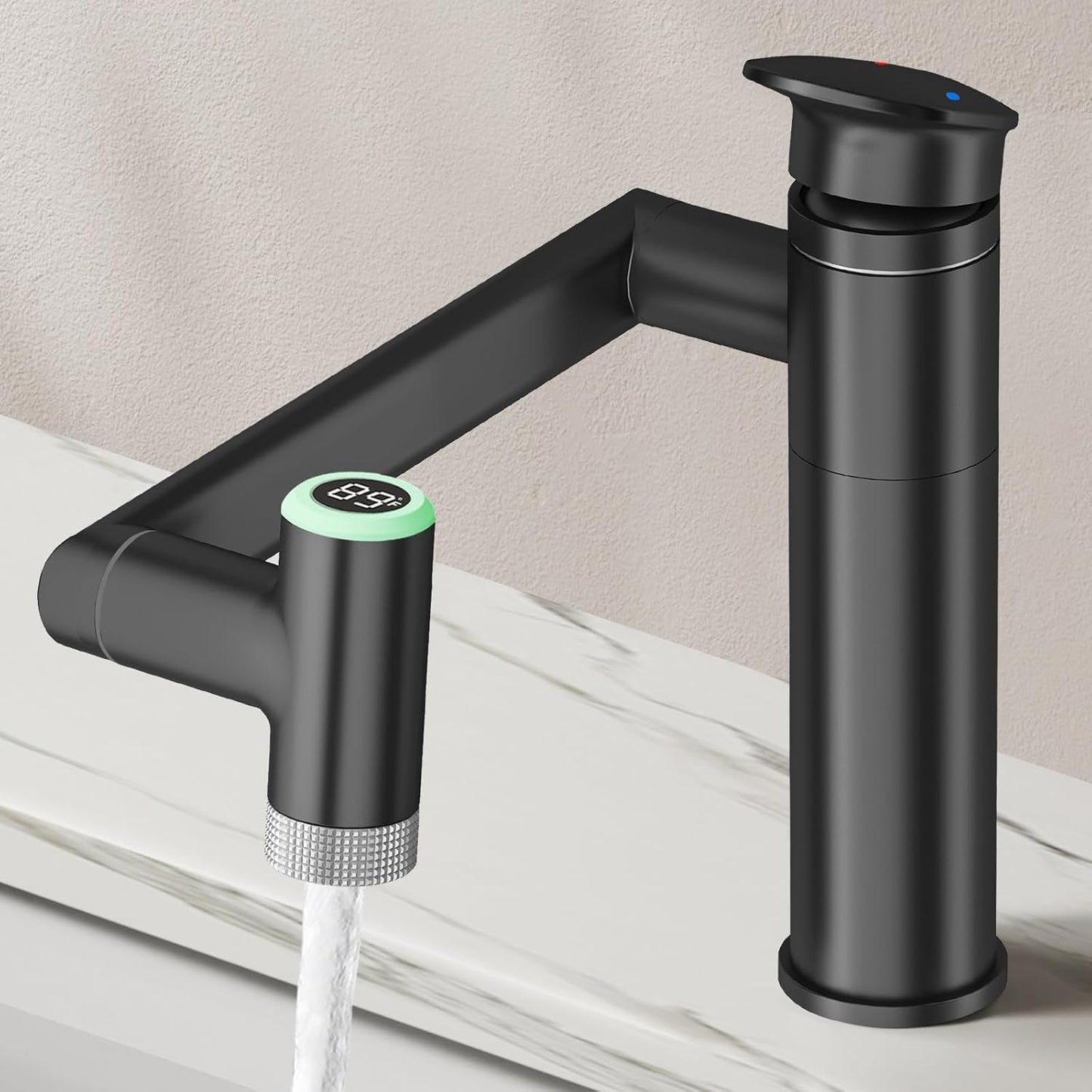 Transform Your Bathroom with the 1080° Rotatable Single Hole Faucet Featuring Real-Time Temperature Display and Adjustable Height - Sleek Black LED Basin Faucet for Ultimate Convenience