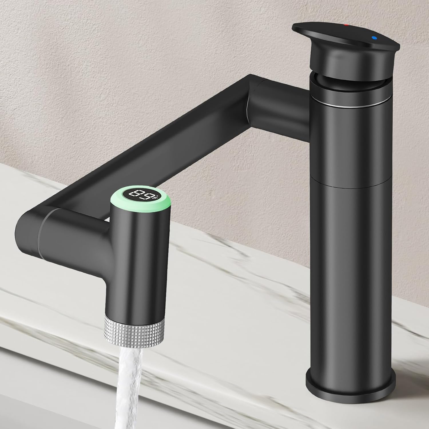 Transform Your Bathroom with the 1080° Rotatable Single Hole Faucet Featuring Real-Time Temperature Display and Adjustable Height - Sleek Black LED Basin Faucet for Ultimate Convenience